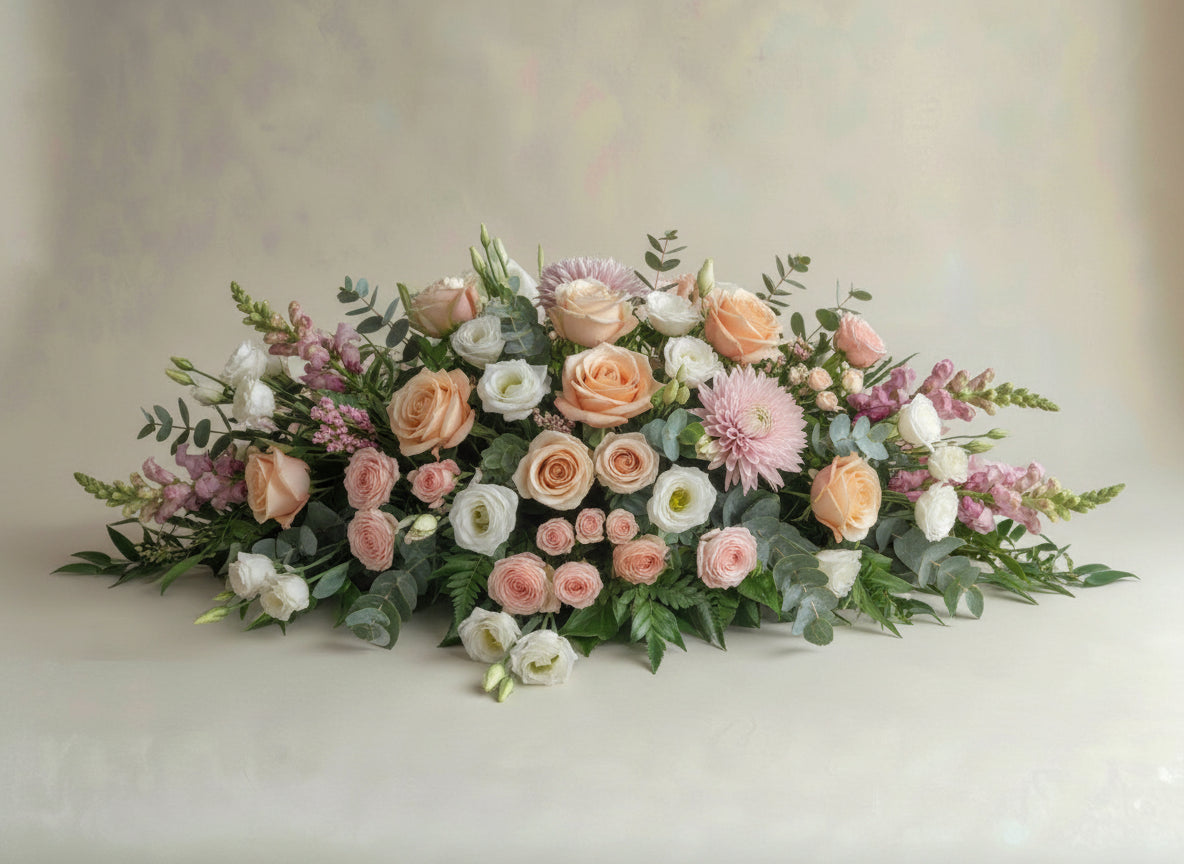 Garden Pastels casket spray with premium peach, mauve, pink and white roses, snapdragons and lisianthus