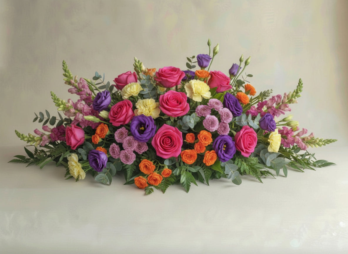 Garden Vibrant casket spray with hot pink roses, purple lisianthus, orange spray roses, yellow carnations and snapdragons