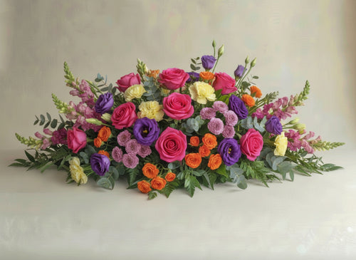 Garden Vibrant casket spray with hot pink roses, purple lisianthus, orange spray roses, yellow carnations and snapdragons